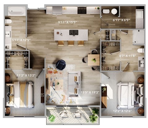 Floor plan for 2 beds, 2 baths, 1235 sqft